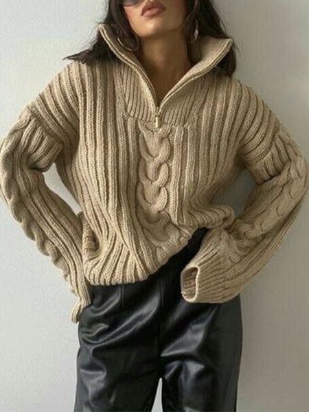 

Plain Loose Simple Long Sleeve Sweater, Camel, Pullovers