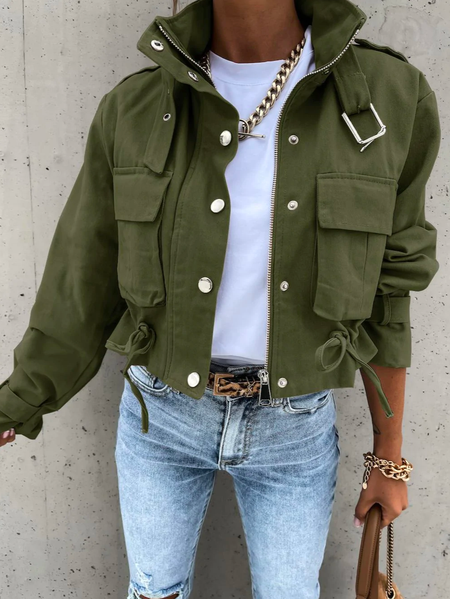 

Plain Stand Collar Other Coat, Green, Jackets