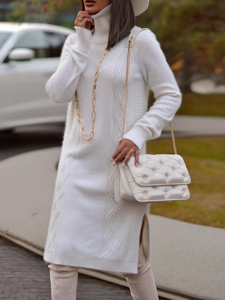 

High Elasticity Turtleneck Urban Loose Midi Dresses, Off white, Midi Dresses
