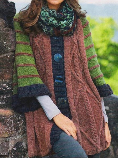 

Crew Neck Color Block Boho Sweater Coat, Multicolor, Outerwear