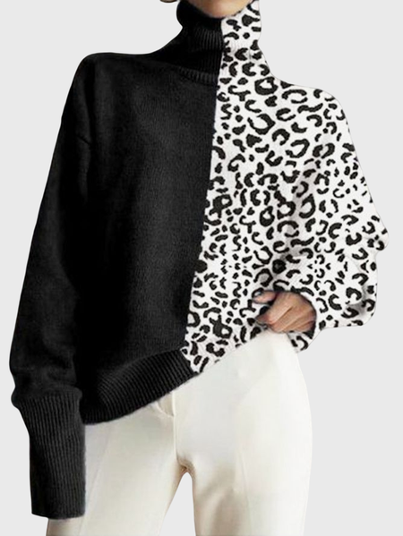 

Leopard Casual Long Sleeve Shift Sweater, Black, Sweaters
