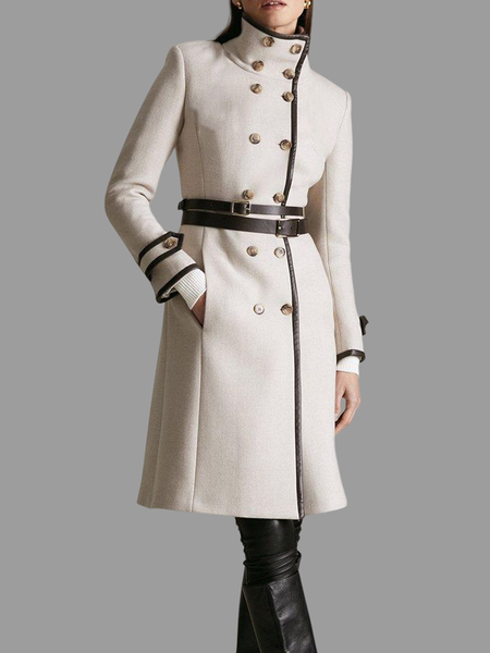 

Regular Fit Stand Collar Long sleeve Color Block Mid-long Overcoat, Apricot, Coats