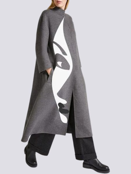 

Shift Printed Stand Collar Long Sleeve Overcoat, Gray, Outerwear