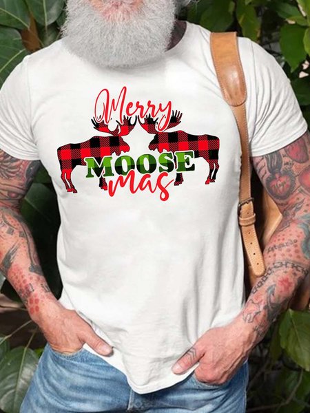 

Men Merry Christmas Moose Crew Neck T-Shirt, White, T-shirts