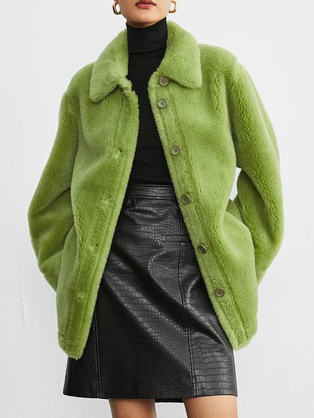 

Urban Loose Plain Buttoned Teddy Coat, Green, Others