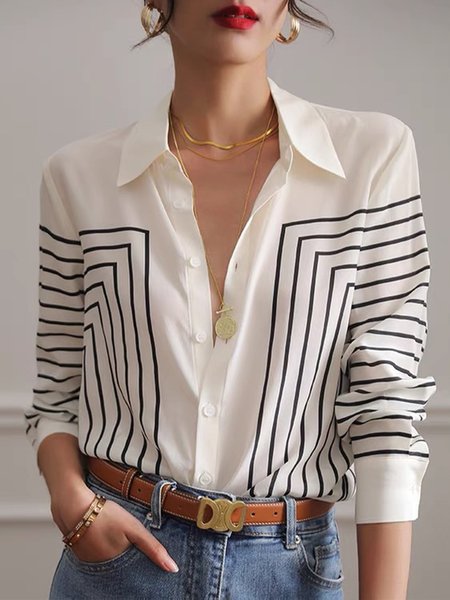 

Striped Shirt Collar Urban Blouse, White, Blouses and Shirts