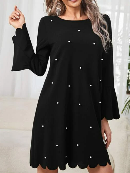 

Imitation pearl ruffle party dress, Black, Mini Dresses