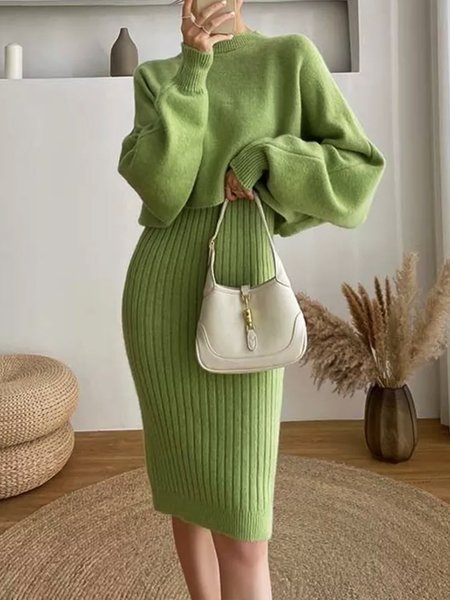 

Daily Long sleeve Plain Crew Neck Two-Piece Set, Green, Two-piece Set