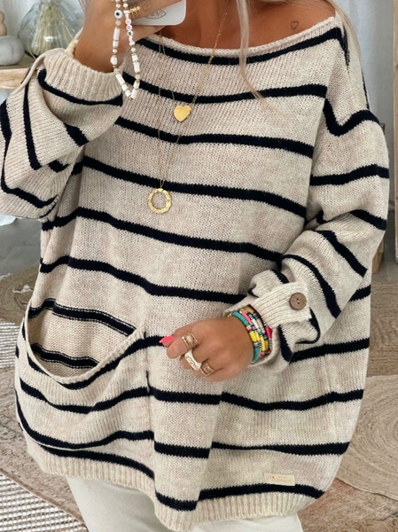 

Casual Crew Neck Striped Wool/Knitting Sweater, Off white, Sweaters