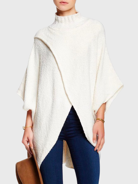 

High Neck Loosen Casual Solid Sweater, White, Sweaters