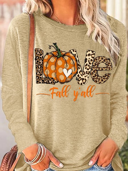 

Womens Love Fall Y'All Leopard Print Letters Top, Apricot, Long sleeves