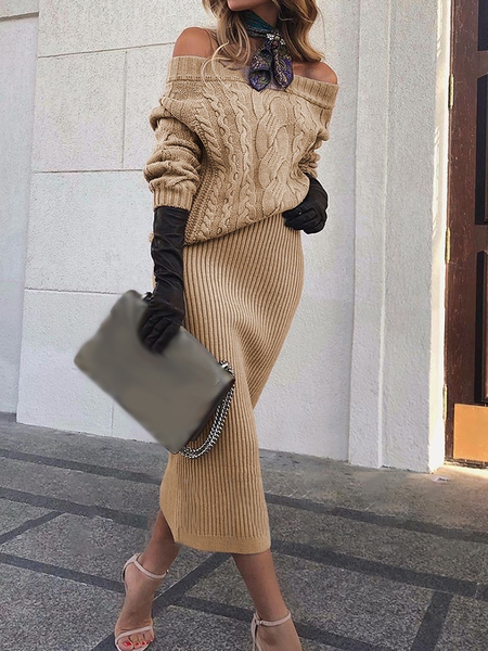 

Loose Micro-Elasticity Urban Boat Neck Long sleeve Sweater, Khaki, Pullovers