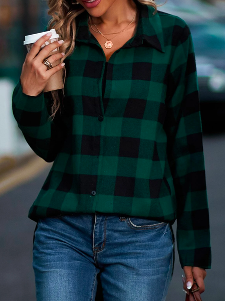 

Casual Plaid Regular Fit Shawl Collar Blouse, Green, Blouses & Shirts