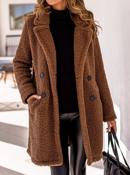 Casual Shawl Collar Regular Fit Plain Teddy Jacket, Coffee, Outerwear