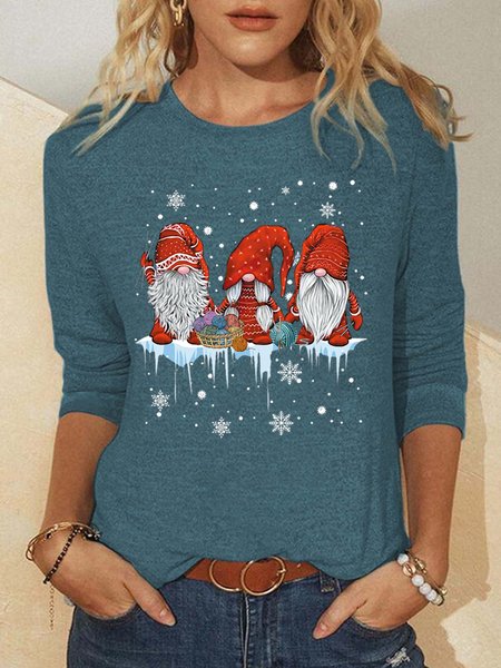 

Women Christmas Gnomes Simple Crew Neck Regular Fit Long sleeve Top, Green, Long sleeves