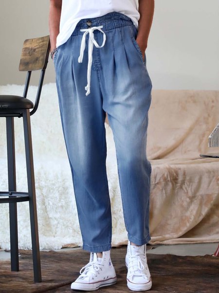 

Casual Drawstring Denim Plain Jeans, Blue, Jeans