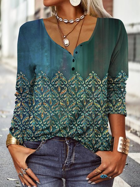 

Damask Ombre Boho Half Open Collar Top, Green, Shirts & Blouses