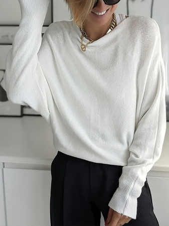 

Crew Neck Casual Plain Sweater, White, Sweaters & Cardigans