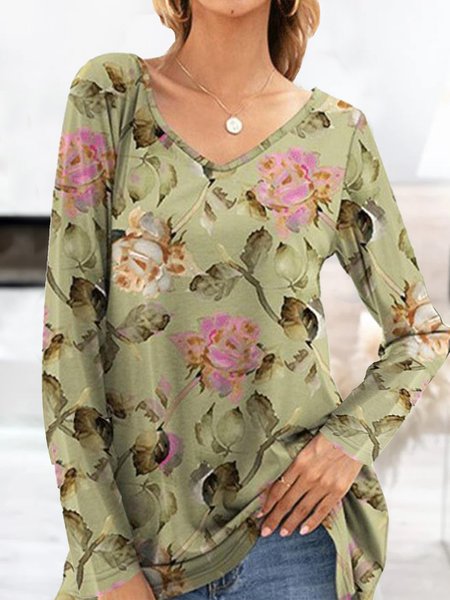 

Casual V Neck Floral T-Shirt, Green, Tunics