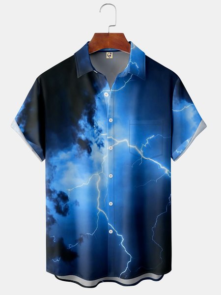 

Lightning Chest Pocket Short Sleeve Shirt, Blue, Men Shirts