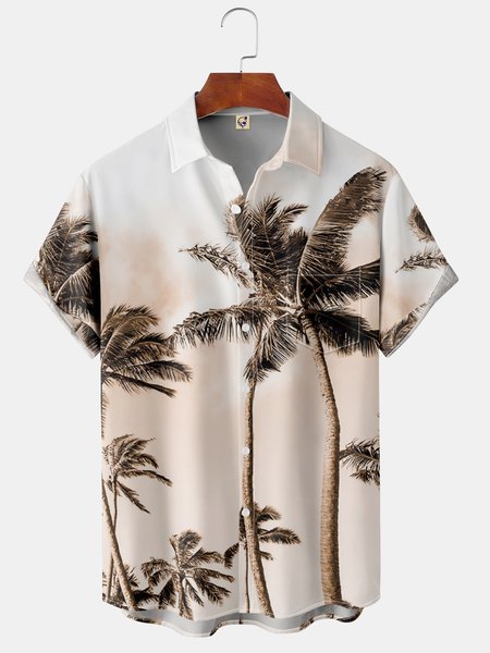 

Gradient Coconut Tree Chest Pocket Short Sleeve Shirt, White, Men Shirts