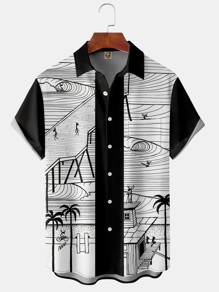 

Coconut Tree Chest Pocket Short Sleeve Bowling Shirt, Black, Men Shirts