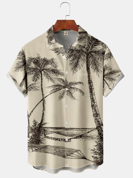 

Coconut Tree Chest Pocket Short Sleeve Hawaiian Shirt, Khaki, Men Shirts