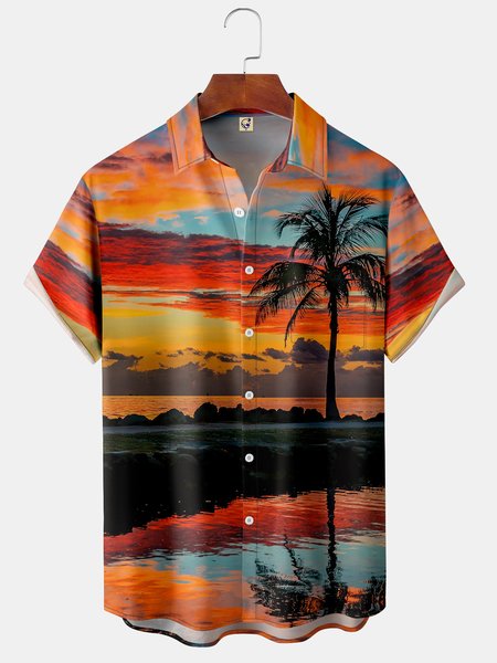 

Coconut Tree Chest Pocket Short Sleeve Hawaiian Shirt, Orange, Men Shirts