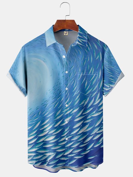 

Sea Animals Chest Pocket Short Sleeve Hawaiian Shirt, Blue, Men Shirts