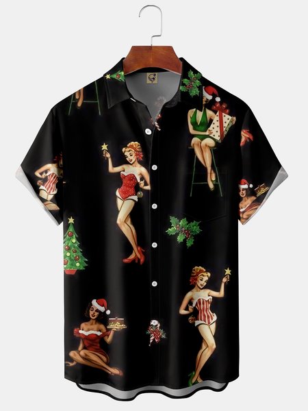 

Christmas Chest Pocket Short Sleeve Hawaiian Shirt, Black, Men Shirts