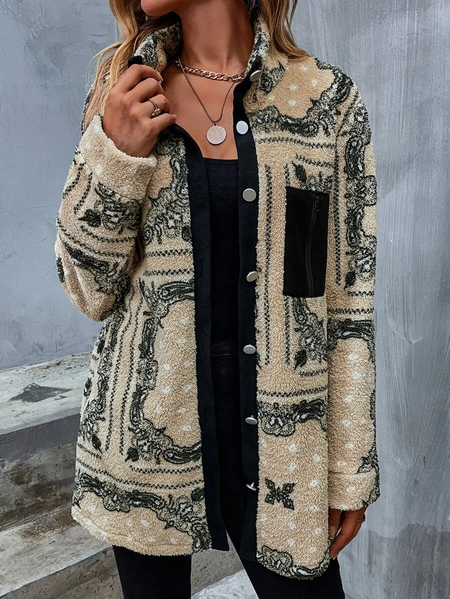 

Ethnic Turtleneck Fluff/Granular Fleece Fabric Teddy Jacket, Multicolor, Outerwear
