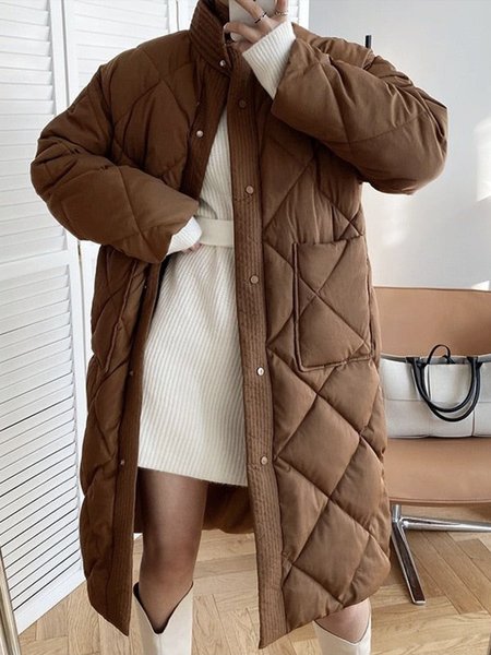 

Daily Long sleeve Plain Elegant Stand Collar Fleece Coat, Brown, Others