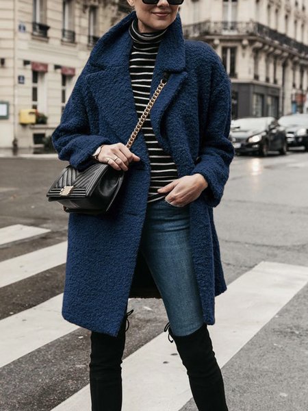 

Simple Plain Lapel Collar Long Sleeve Teddy Jacket, Blue, Others