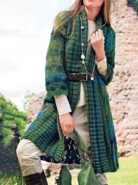 

Yarn/Wool Yarn Boho Sweater Coat, Green, Outerwear
