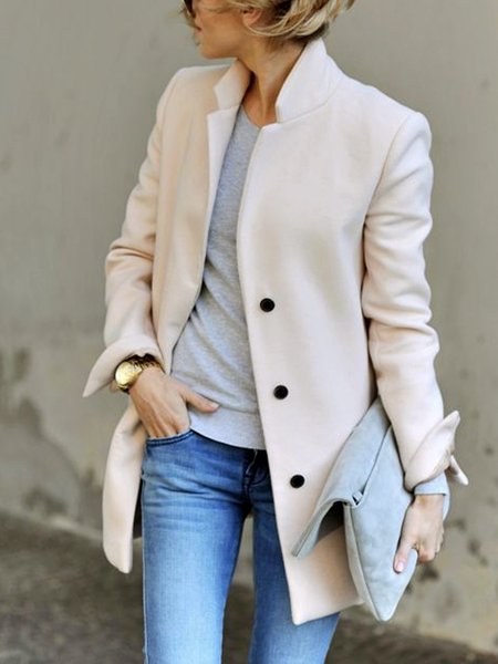 

Plain Regular Fit Stand Collar Jacket, Apricot, Jackets