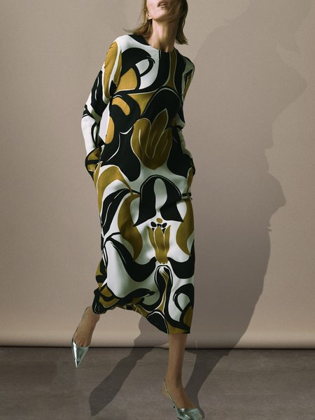 

Long sleeve Abstract Urban Crew Neck Midi Dress, As picture, Midi Dresses