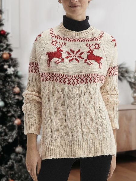 

Christmas Yarn/Wool Yarn Loose Casual Sweater, Apricot, Sweaters
