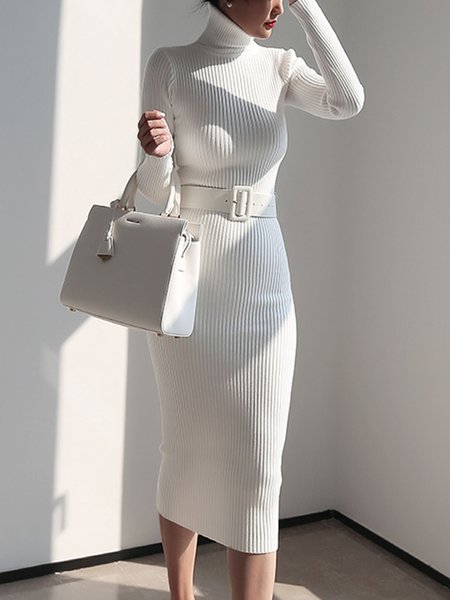 

Elegant Turtleneck Plain Simple Sweater Dress (no belt), White, Midi Dresses