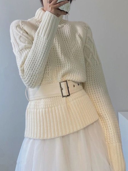 

Long sleeve Daily Elegant Turtleneck Sweater, Off white, Pullovers