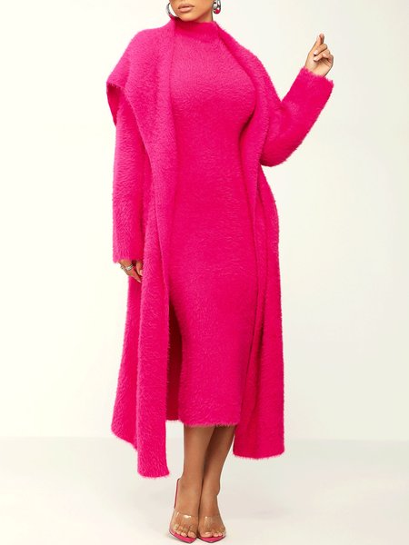 

Elegant Loose Plain Shawl Collar Sweater Coat, Rose red, Cardigans