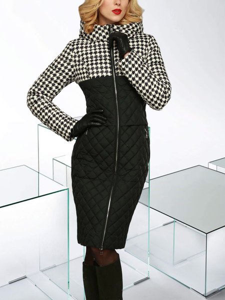 

Regular Fit Houndstooth Urban Long Sleeve Fleece Coat, Black, Others