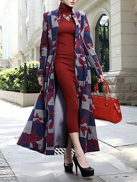 

Urban Long Sleeve Lapel Collar Geometric Overcoat, Multicolor, Coats
