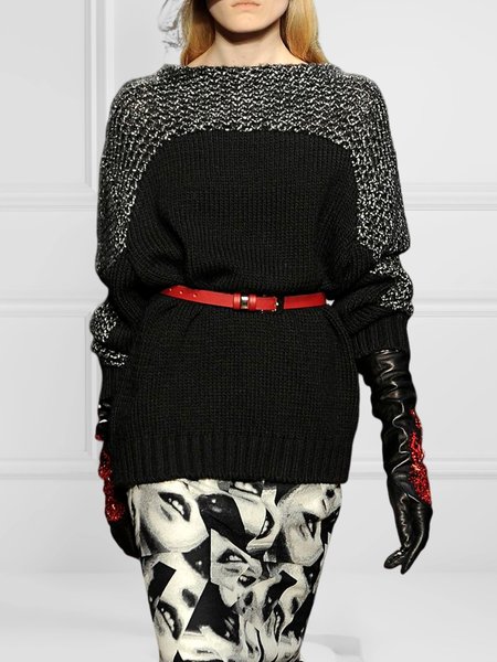 

Long sleeve Color Block Boat Neck Loose Sweater, Black, Pullovers
