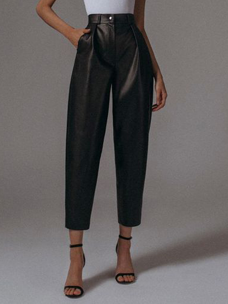 

Regular Fit Pu Fashion Slim Taper Pants, Black, Pants