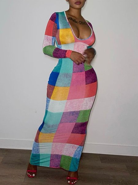 

Urban Colorblock Regular Fit Long Sleeve Plaid Dress, Multicolor, Maxi Dresses