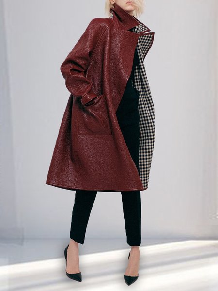 

Loose Urban Plaid Long Sleeve Overcoat, Reddish black, Coats