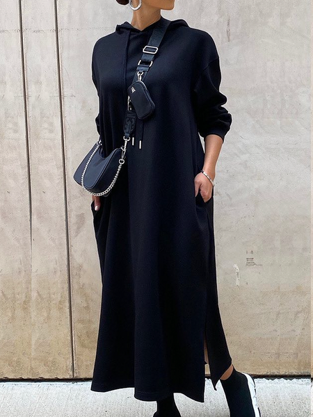 

Loose Plain Urban Hoodie Long sleeve Long Dress, Black, Maxi Dresses