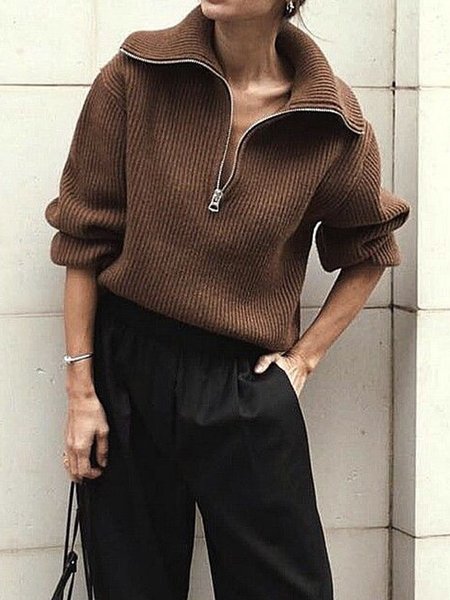 

Simple Plain Long Sleeve Loosen Sweater, Brown, Pullovers
