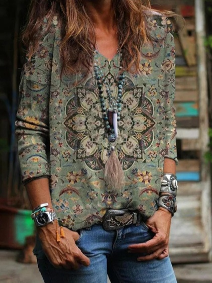

Ethnic V Neck Loose T-Shirt, Multicolor, T-Shirts