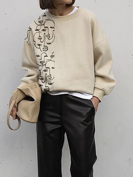 

Loose Urban Crew Neck Long sleeve Sweatshirts, Apricot, Hoodies and Sweatshirts